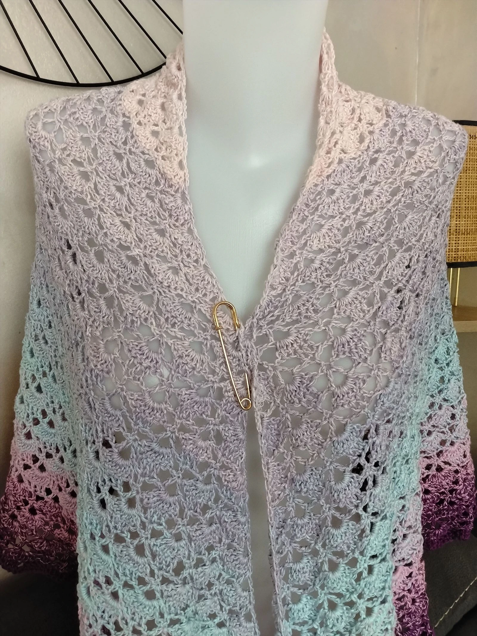 Large handmade summer shawl — Powder pink, sky blue & lilac gradient – photo 4
